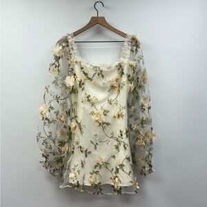 Sugar Thrillz Floral Sheer Mini Dress - Cream and Green